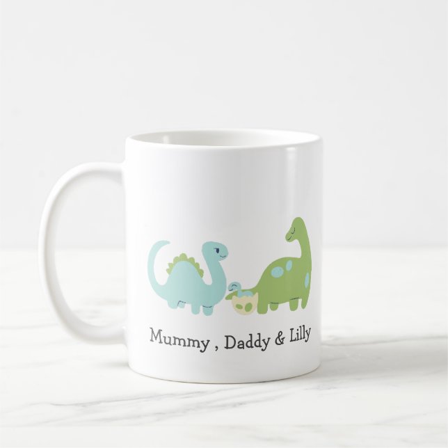 Niedliche Dino-Familie , Personalisierte Matching- Kaffeetasse (Links)