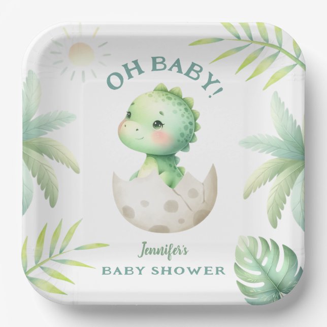 Niedliche Dino Tropical Dinosaur Babydusche Pappteller (Vorderseite)