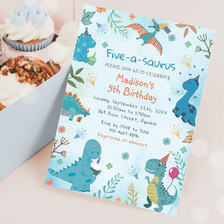 Niedliche Dinosaur 5-A-Saurus 5. Geburtstagspartei Einladung