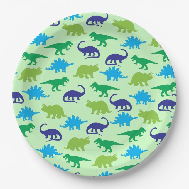 Niedliche Dinosaur Baby Dusche Dino Blue und Green Pappteller (Vorderseite)
