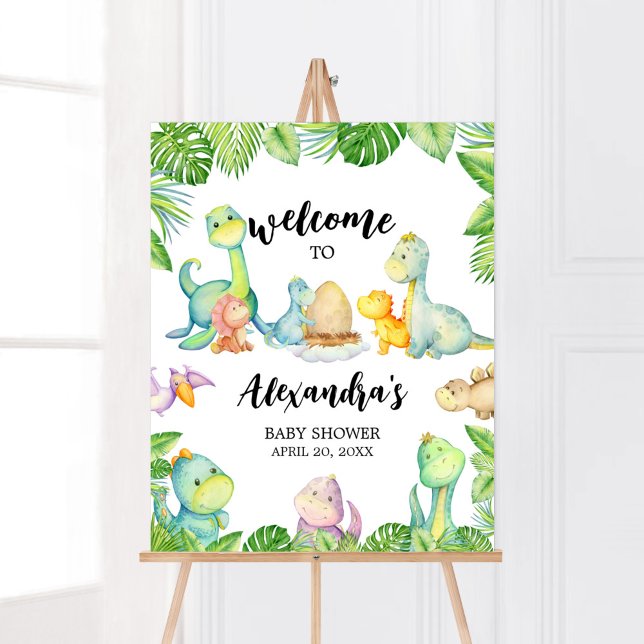 Niedliche Dinosaur Babydusche Empfang Poster (Greenery Dinosaur Baby Shower Welcome Sign)