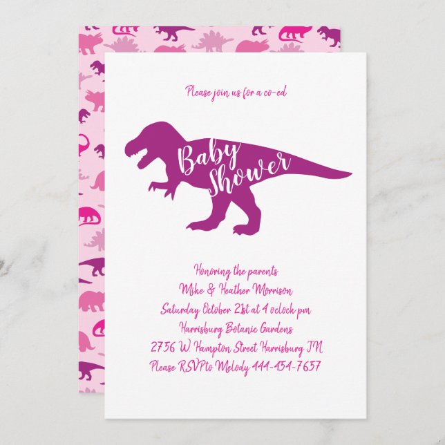 Niedliche Dinosaur Babydusche T-Rex Dino Pink Girl Einladung (Vorne/Hinten)