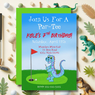 Niedliche Dinosaur Golf Thema 7. Geburtstag Einladung