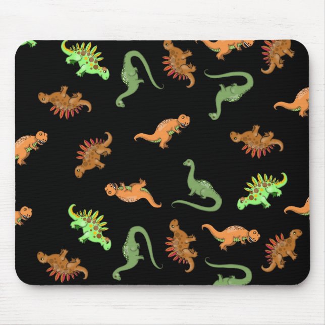 Niedliche Dinosaurier auf schwarzem Hintergrund Mousepad (Vorne)