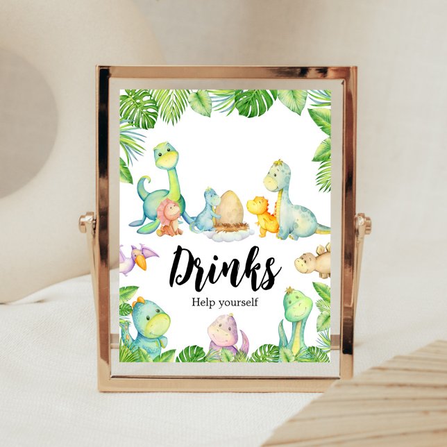 Niedliche Dinosaurier Baby Duschgetränke Poster (Greenery Dinosaur Baby Shower Drinks Sign)
