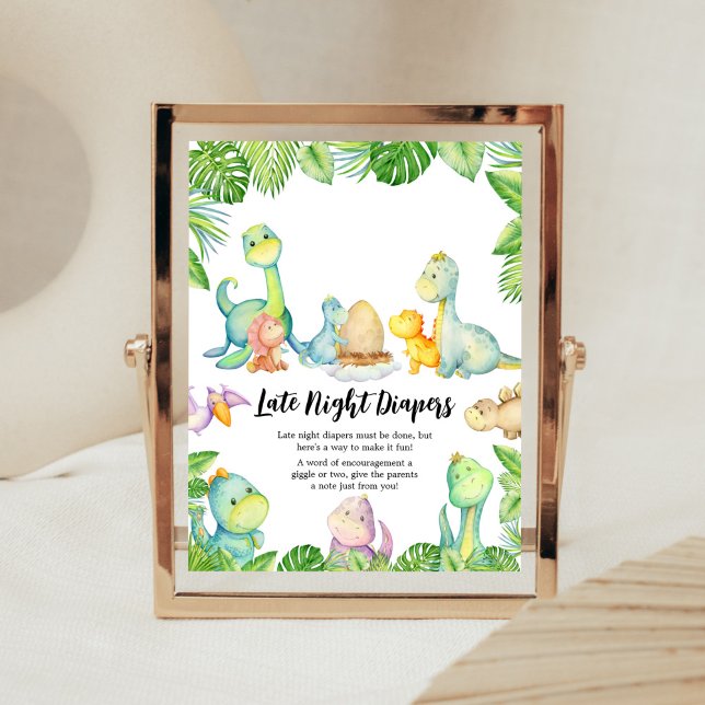 Niedliche Dinosaurier Babydusche Spätnachtsspalter Poster (Greenery Dinosaur Baby Shower Late Night Diapers Sign)