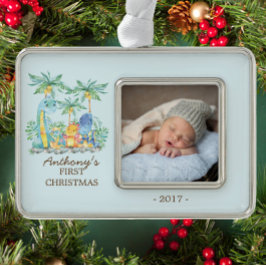 Niedliche Dinosaurier Baby's 1. Weihnachtsgeschenk Rahmen-Ornament Silber