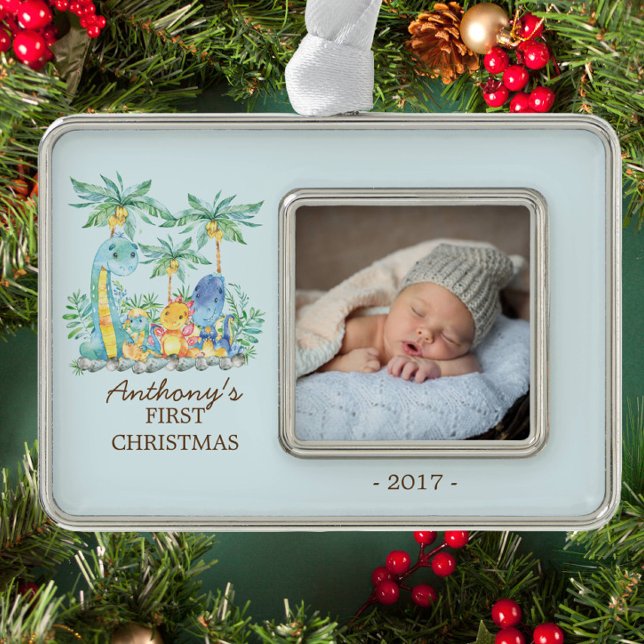 Niedliche Dinosaurier Baby's 1. Weihnachtsgeschenk Rahmen-Ornament Silber (Von Creator hochgeladen)