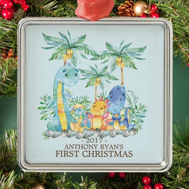 Niedliche Dinosaurier Baby's First Christmas Ornam Silbernes Ornament (Von Creator hochgeladen)