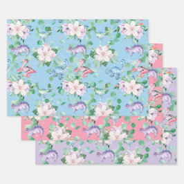 Niedliche Dinosaurier Blumenillustrierung Party Geschenkpapier Set