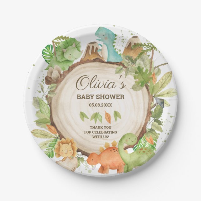 Niedliche Dinosaurier Boy Baby Dusche Grüne Leafy Pappteller (Vorderseite)