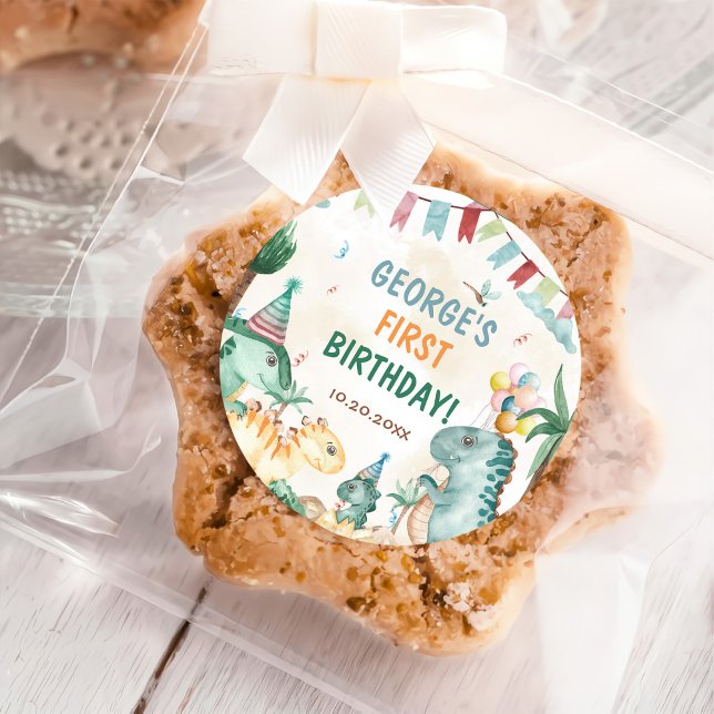 Niedliche Dinosaurier Erste Geburtstagsparty Runder Aufkleber (Von Creator hochgeladen)