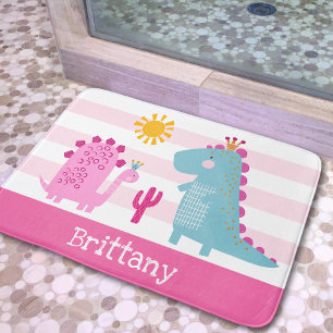 Niedliche Dinosaurier Girl Pink Streifen Name Fun Badematte