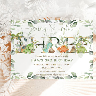 Niedliche Dinosaurier Greenery 3. Geburtstag 3. Einladung