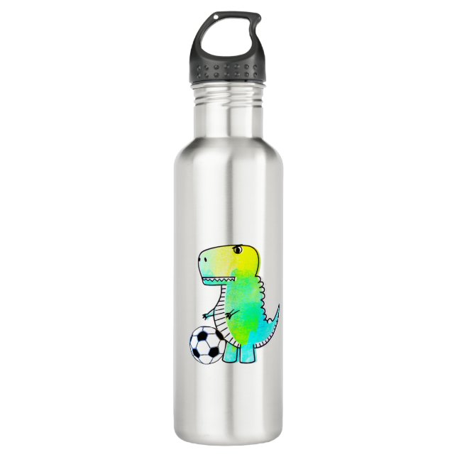 Niedliche Dinosaurier Lieben Fußball Wasserfarbe Edelstahlflasche (Vorderseite)