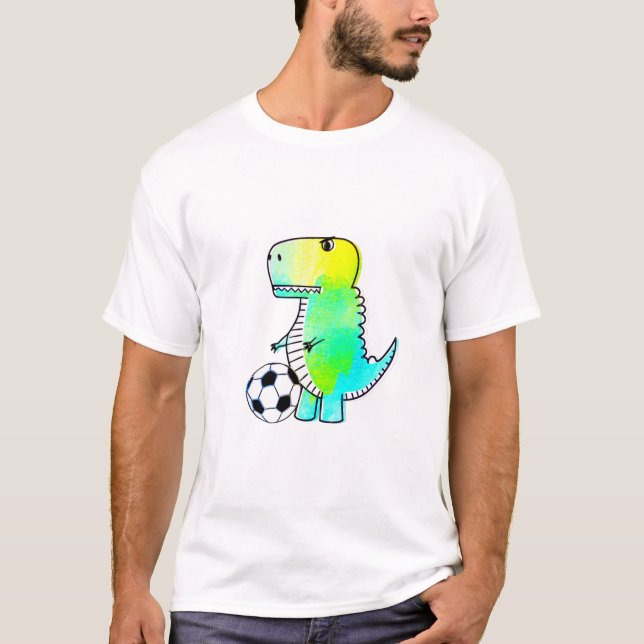 Niedliche Dinosaurier Lieben Fußball Wasserfarbe T-Shirt (Vorderseite)