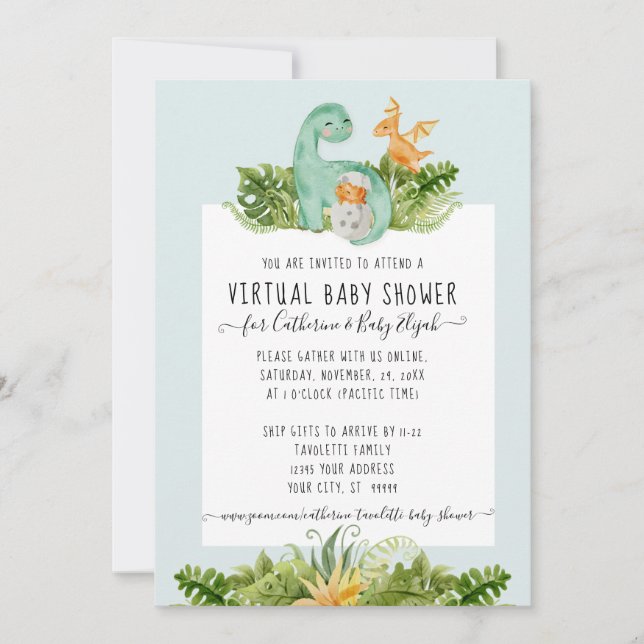 Niedliche Dinosaurier Mommy Foliage Baby Virtual D Einladung (Vorderseite)