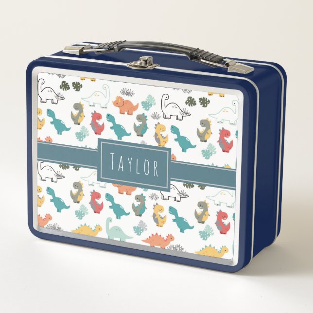 Niedliche Dinosaurier Muster Kids Name Metall Brotdose (Vorderseite)