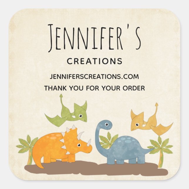 Niedliche Dinosaurier prähistorisches Geschäft mit Quadratischer Aufkleber (Vorderseite)