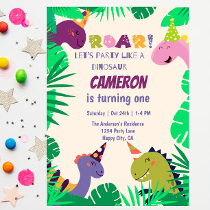 Niedliche Dinosaurier Roar Ließ Spaß 1. Geburtstag Einladung