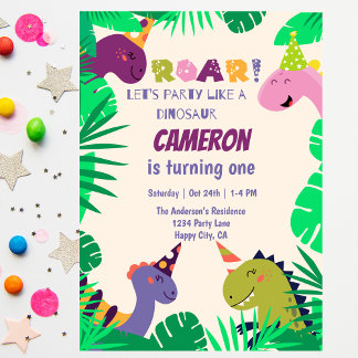 Niedliche Dinosaurier Roar Ließ Spaß 1. Geburtstag Einladung