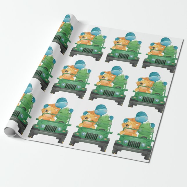 Niedliche Dinosaurier Safari Fahrzeug Jungle Baby  Geschenkpapier (Ungerollt)