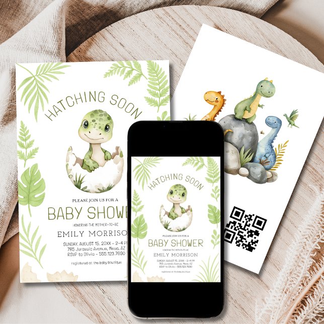 Niedliche Dinosaurier Schläge bald QR Code Baby Du Einladung (Von Creator hochgeladen)