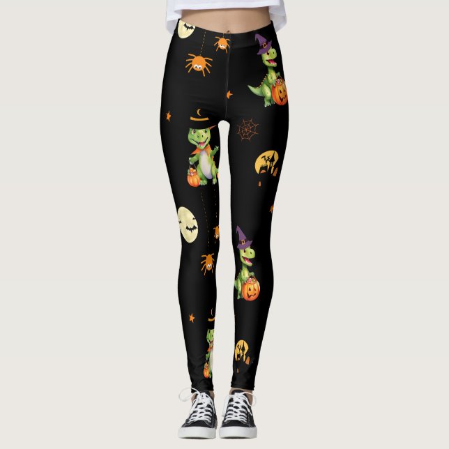 Niedliche Dinosaurier spielen Kürbistrick oder Lec Leggings (Vorderseite)