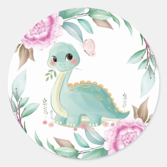 Niedliche Dinosaurier und Pink Peony Baby Dusche Runder Aufkleber (Vorderseite)