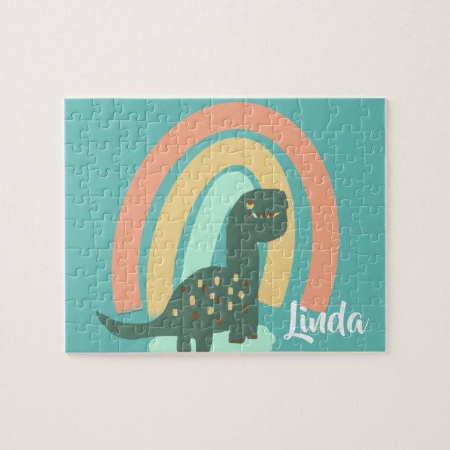 Niedliche Dinosaurier und Regenbogen Farbenfrohe K Puzzle (Horizontal)