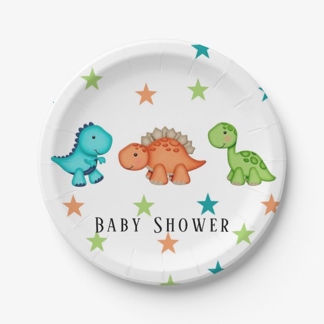 Niedliche Dinosaurier und Stars Babydusche Pappteller (Vorderseite)