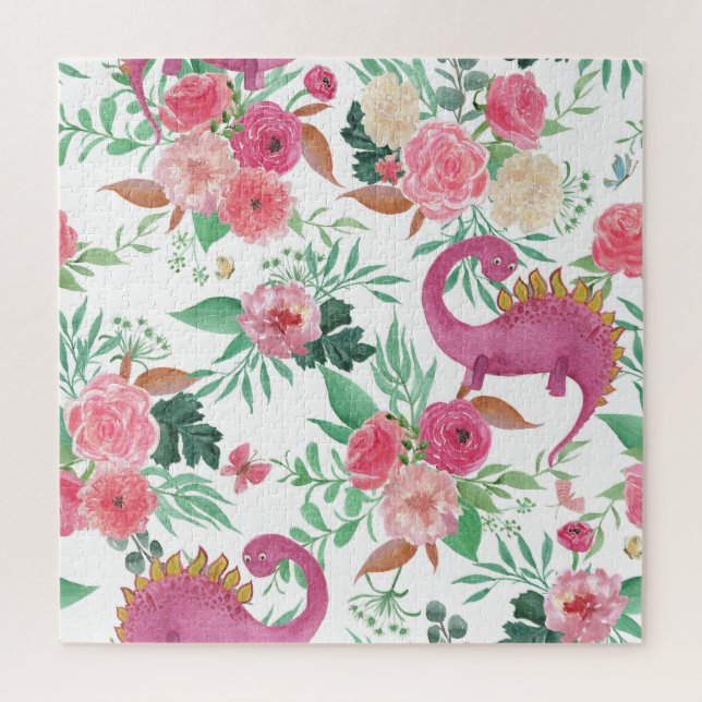 Niedliche Dinosaurier Vintages Blumenmuster Puzzle (Vertikal)