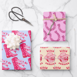 Niedliche Disco Cowgirl Horseshoe Pink Blue Beige Geschenkpapier Set