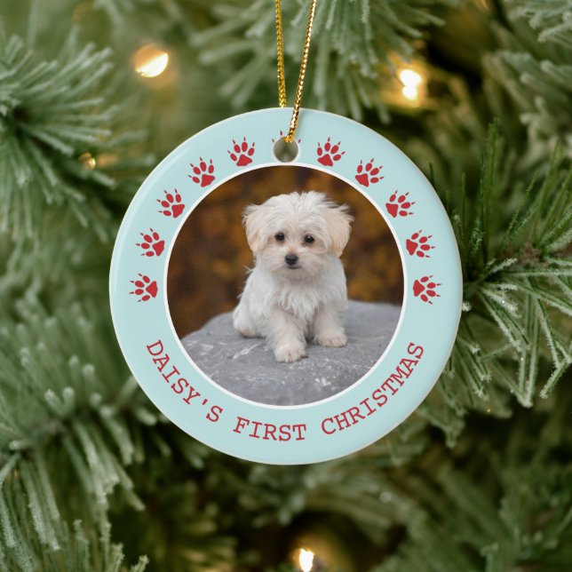 Niedliche Dog Paw druckt Foto Rahmen Weihnachten Keramik Ornament (Baum)