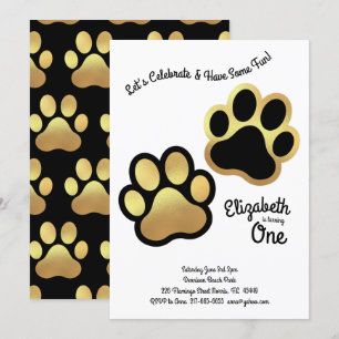 Niedliche Dog Paw Print Kids 1. Geburtstag Gold Sc Einladung