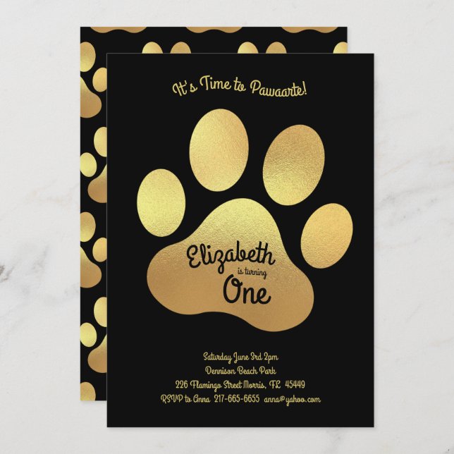 Niedliche Dog Paw Print Kids 1. Geburtstag Gold Sc Einladung (Vorne/Hinten)