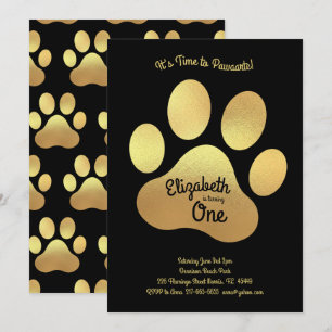 Niedliche Dog Paw Print Kids 1. Geburtstag Gold Sc Einladung