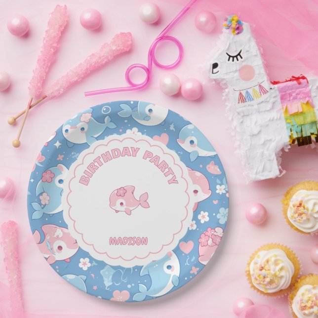 Niedliche Dolphin & Blume Geburtstag Pappteller (Party)