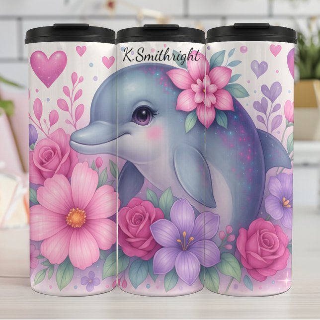 Niedliche Dolphin-Blume Herz Glitzern Thermosbecher (Von Creator hochgeladen)