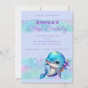 Niedliche Dolphin Iridescent 1. Geburtstag Einladung