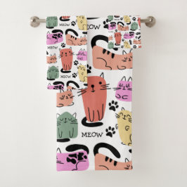Niedliche Doodle-Katzen und Paw-Drucke Badhandtuch Set