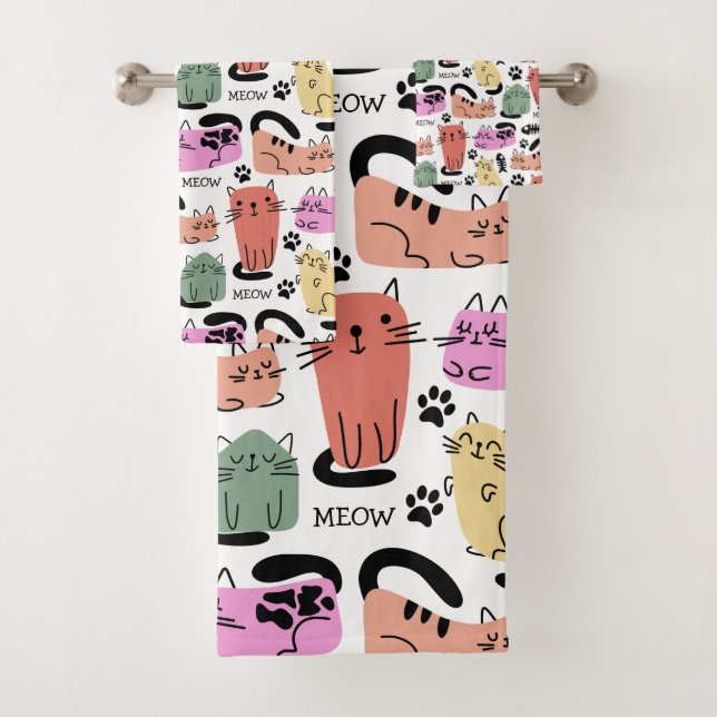 Niedliche Doodle-Katzen und Paw-Drucke Badhandtuch Set (Insitu)