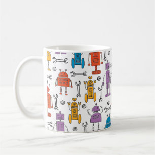 Niedliche Doodle-Roboter. Nahtloses Muster. Cartoo Kaffeetasse