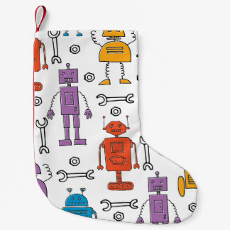 Niedliche Doodle-Roboter. Nahtloses Muster. Cartoo Kleiner Weihnachtsstrumpf