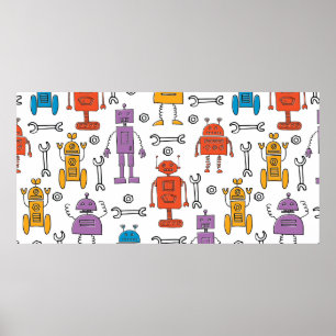 Niedliche Doodle-Roboter. Nahtloses Muster. Cartoo Poster