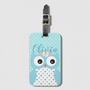 Niedliche Dotty Blue Owl Art Personalisiert Girls Gepäckanhänger