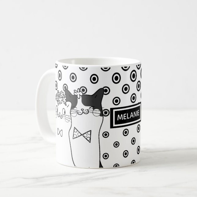 Niedliche Dotty Katzen in der Liebe personalisiert Kaffeetasse (Vorderseite Links)