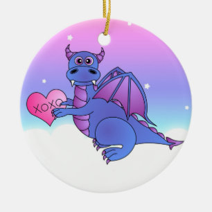 Niedliche Drache-Fliegen-Lieben Sie - blau/lila Keramik Ornament