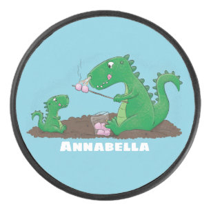 Niedliche Drachen braten Marshmallows Cartoon Eishockey Puck