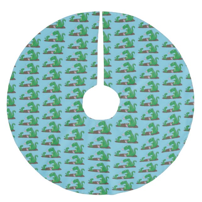 Niedliche Drachen braten Marshmallows Cartoon Polyester Weihnachtsbaumdecke (Vorderseite)